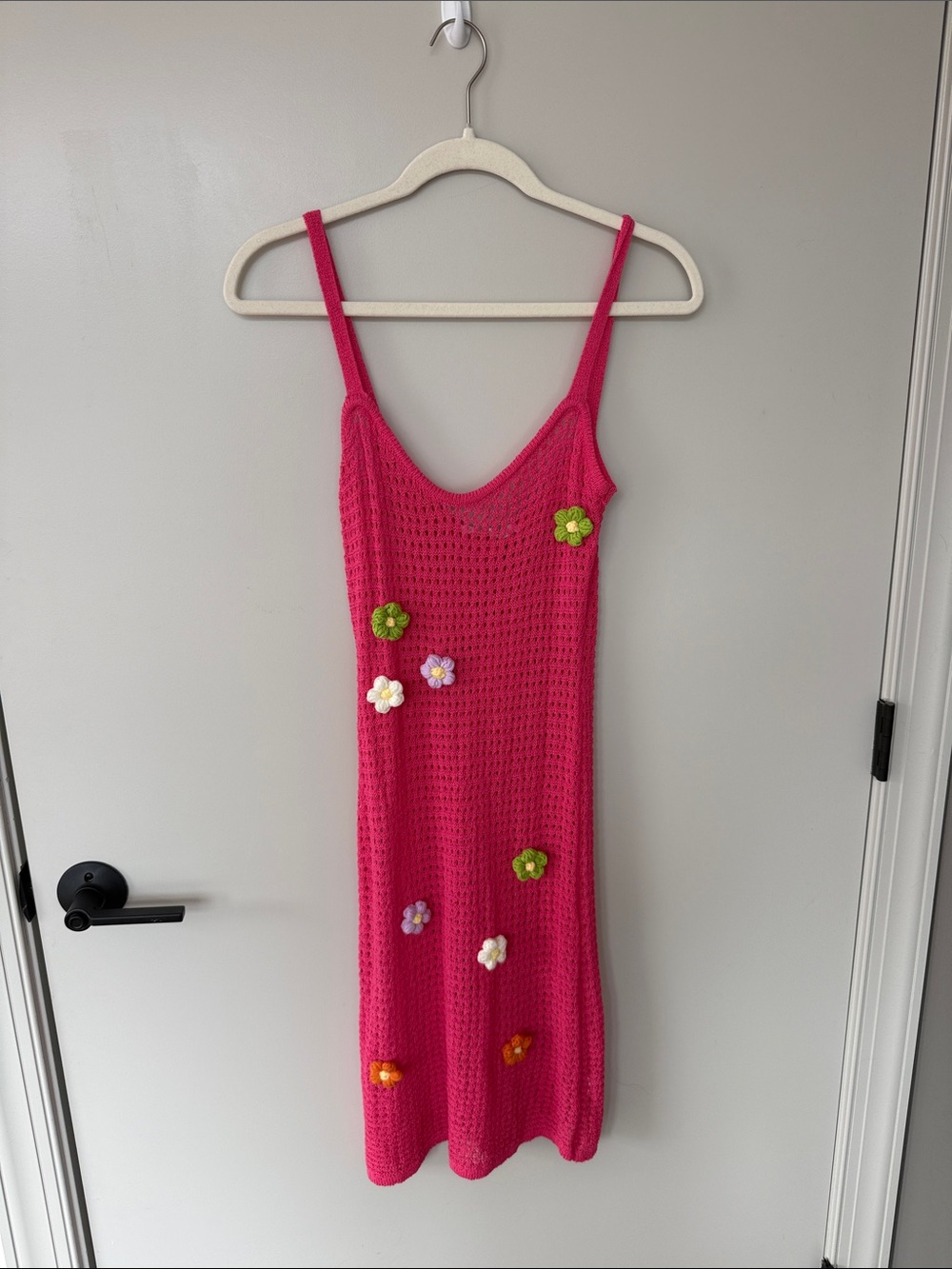 Hot Pink Crochet Swim Coverup Dress with Floral Appliqués